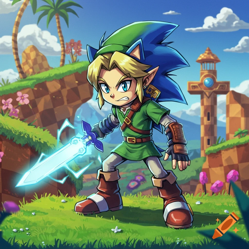 Cartoon character combining Link and Sonic, holding a glowing sword in a grassy landscape with palm trees and hills.
