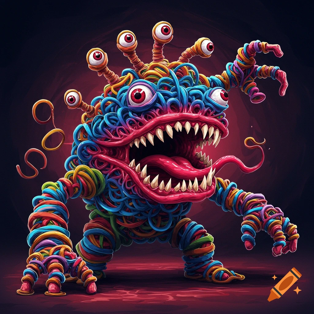 Colorful monster made of coiled material with many eyes and sharp teeth.