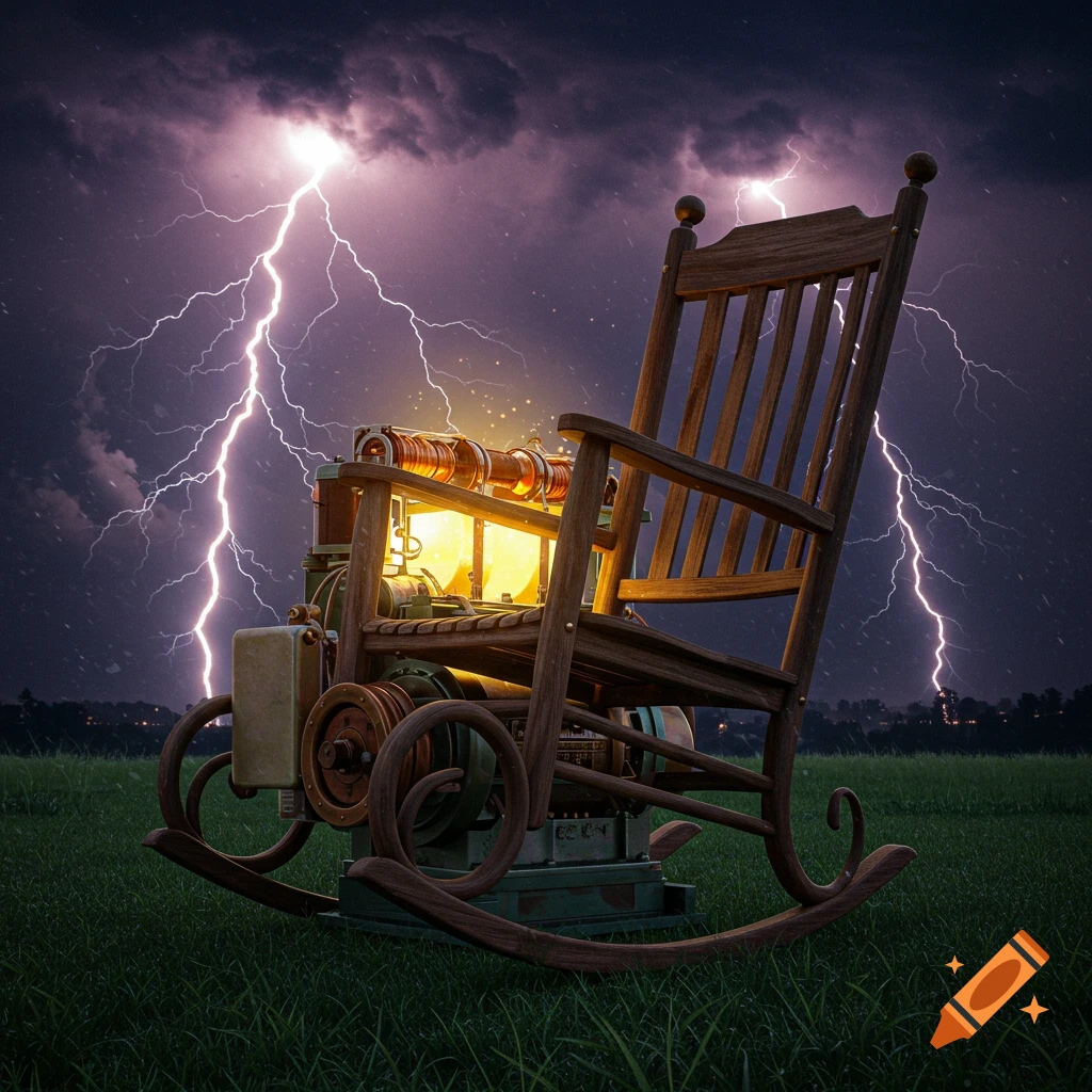 A wooden rocking chair combined with electrical generator parts sits in a grassy field under a stormy sky with lightning.