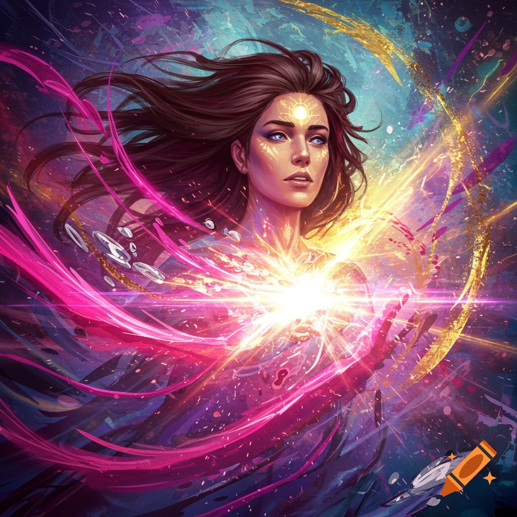 A woman with glowing eyes and a forehead symbol is surrounded by vibrant pink and gold energy.