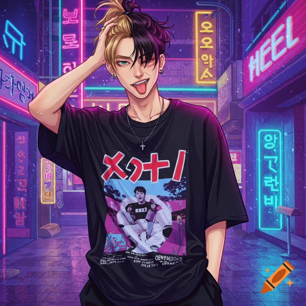 Anime illustration of a young man with split-color hair and an oversized t-shirt in a neon-lit cyberpunk city street.