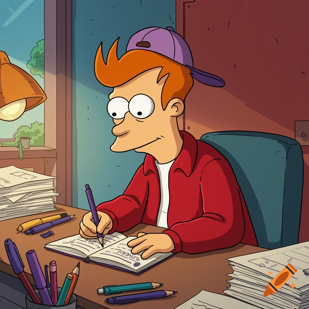 Cartoon character resembling Fry from Futurama in Rugrats style writing in a notebook at a desk.