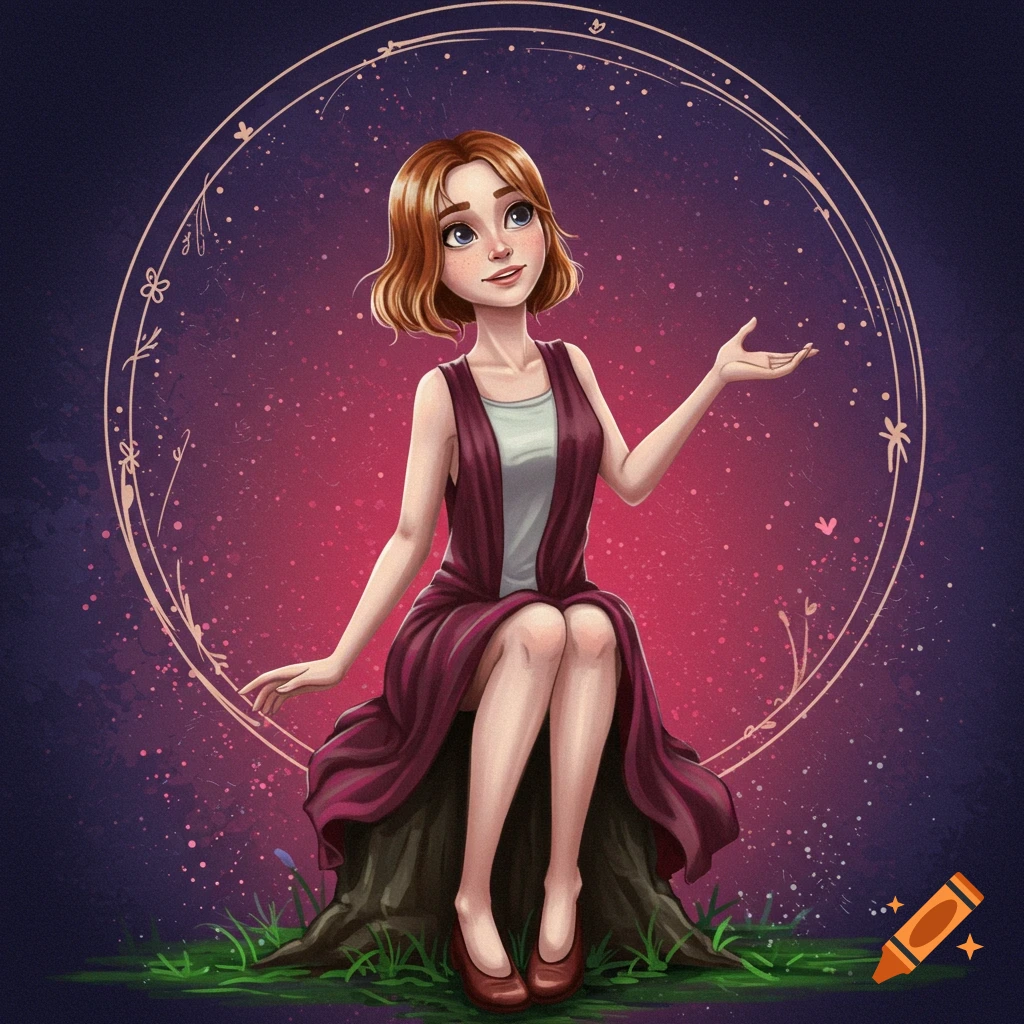 Young woman sitting on a stump against a starry background