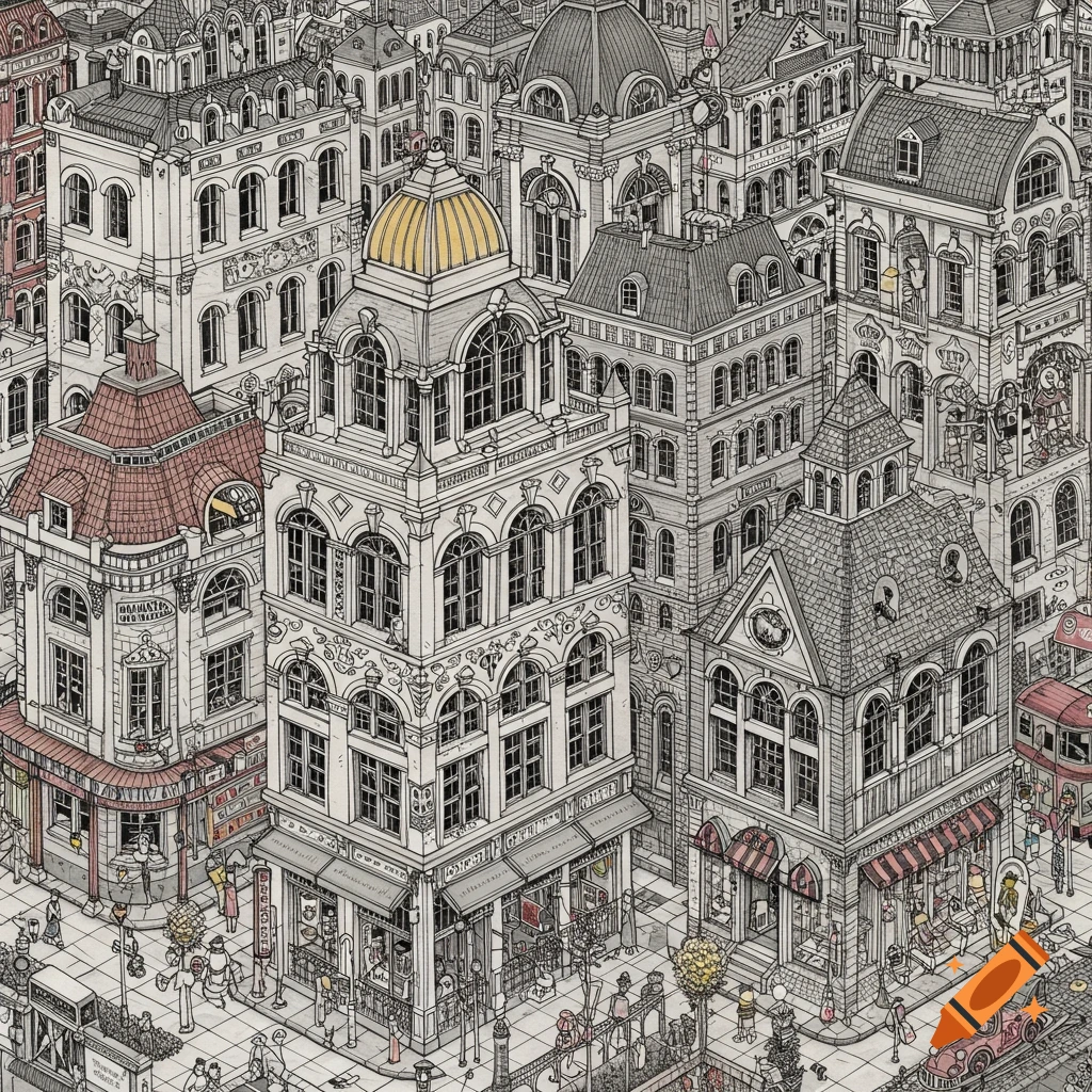 Detailed ink illustration of a bustling cityscape with ornate buildings and many people.