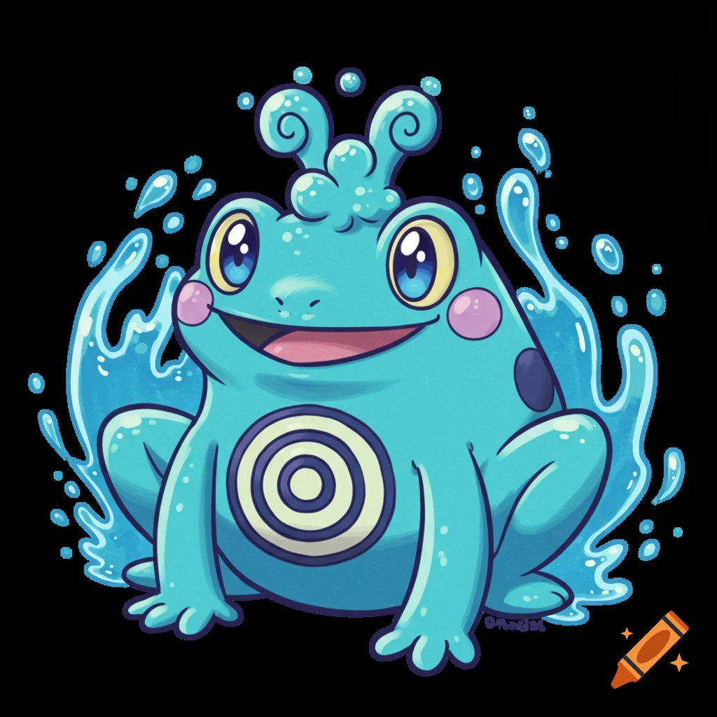 A cartoon drawing of a blue frog Pokemon with water splashes.