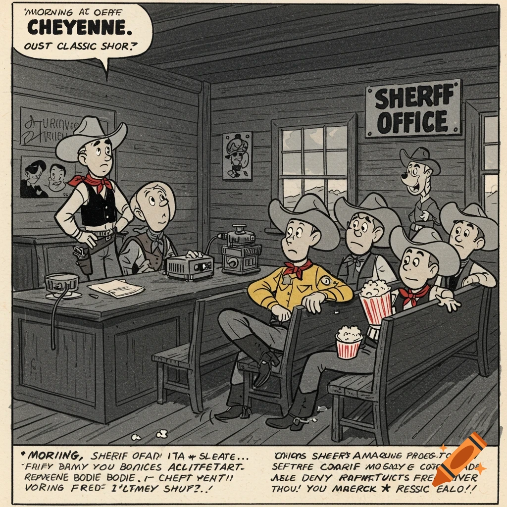 Comic art of cowboys in a sheriff's office watching a projector and eating popcorn.