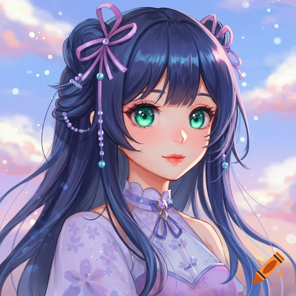 An anime girl with dark hair, purple ribbons, green eyes, and a purple outfit against a sky background.