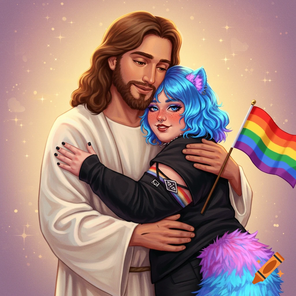 Jesus hugging a person with blue hair and cat ears holding a rainbow pride flag