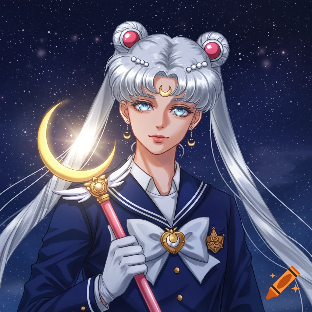 Male character dressed as Sailor Moon, holding a staff, against a starry background, anime style.