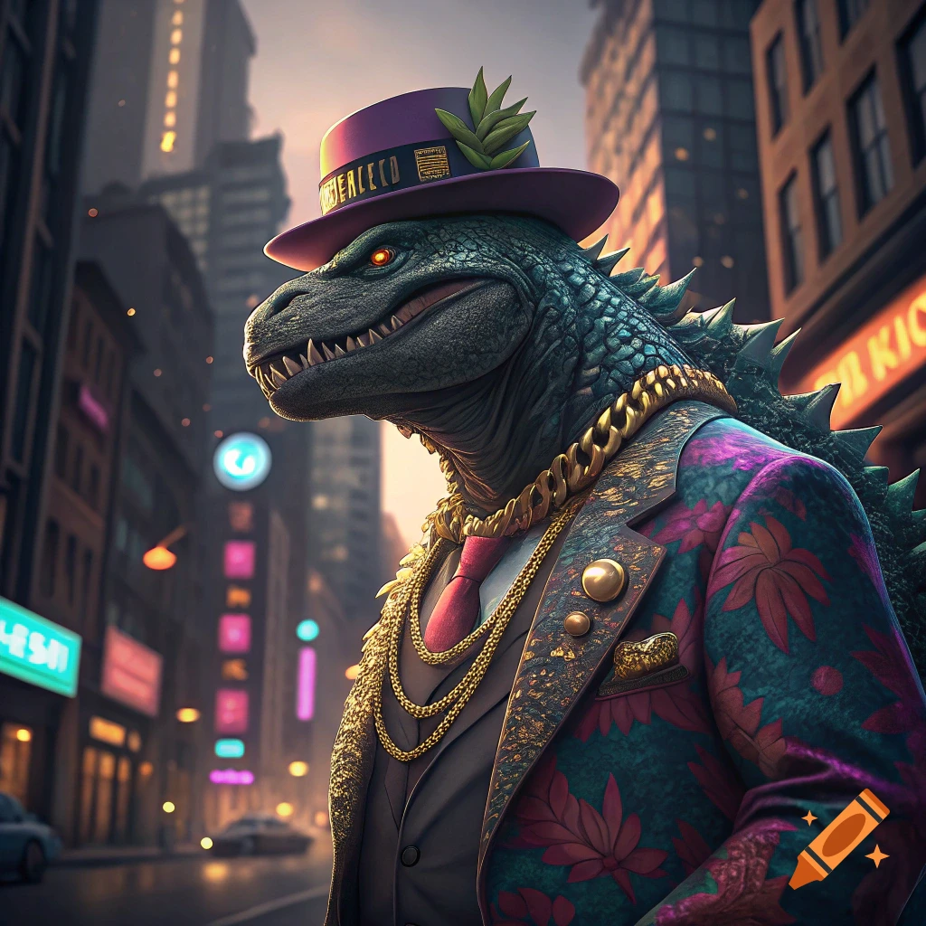 Godzilla wearing a purple hat, suit, and gold chains stands in a city street.