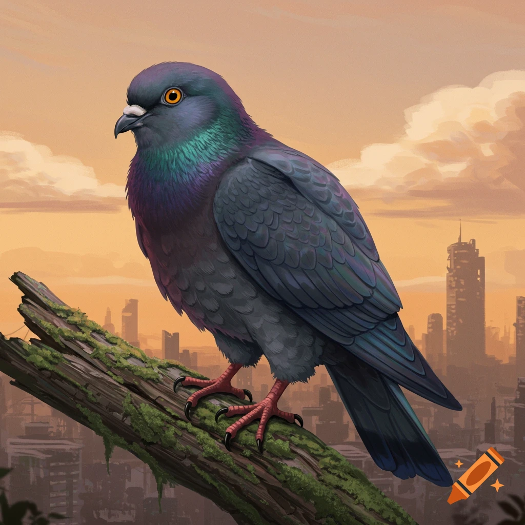 A pigeon-like bird perched on a branch overlooking a city skyline at sunset.