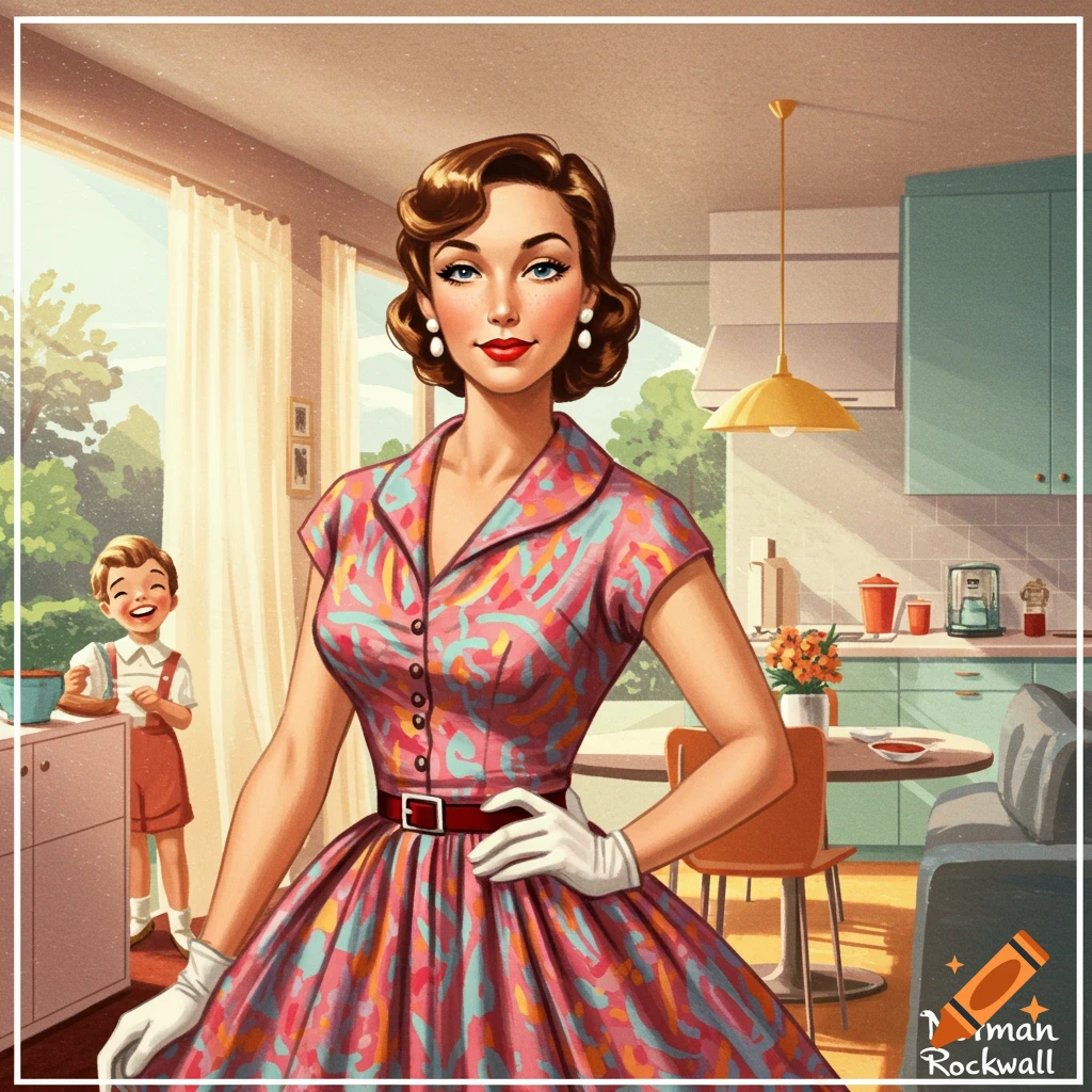 Illustration of a woman in a colorful dress standing in a 1950s kitchen with a child in the background