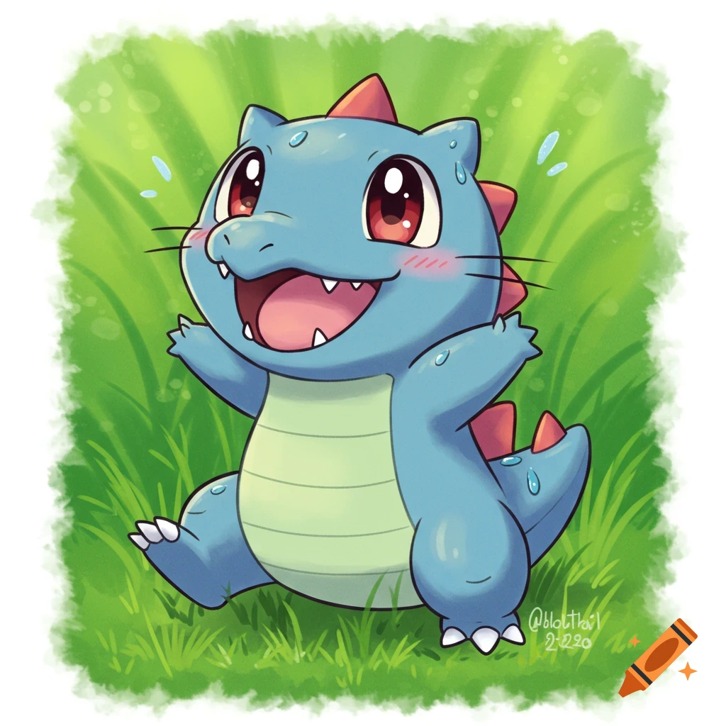 Cute cartoon blue Totodile sits in grass smiling.