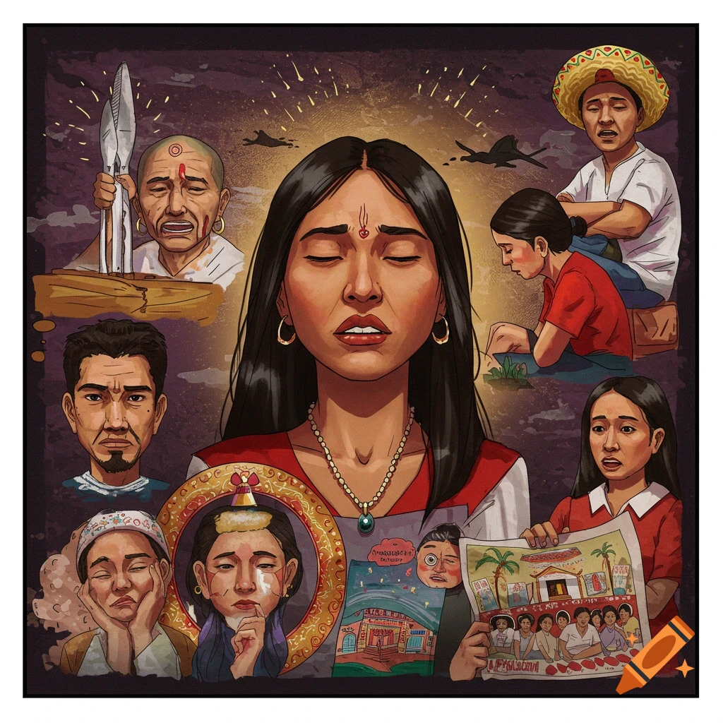 Collage showing a central figure surrounded by faces and scenes depicting different emotions and experiences.