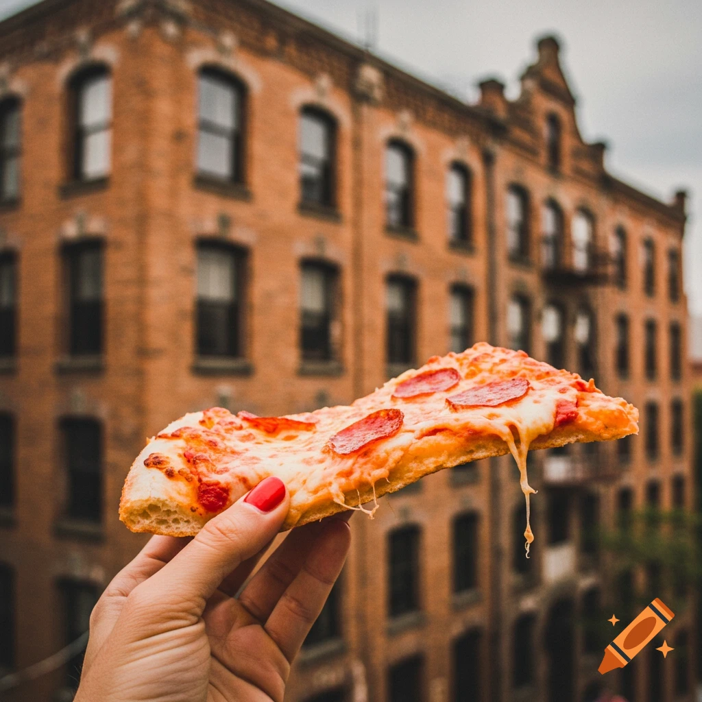 A hand holds a slice of pepperoni pizza with melted cheese dripping, against a backdrop of an old brick building.