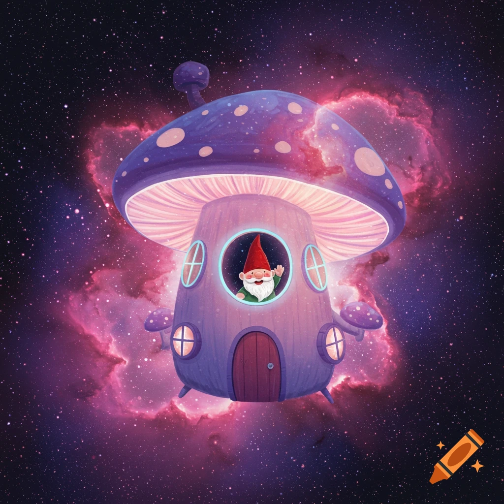 A gnome waving from inside a mushroom spaceship flying through a pink and purple nebula in space.