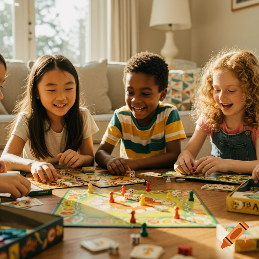 Diverse children smiling and laughing while playing a board game.