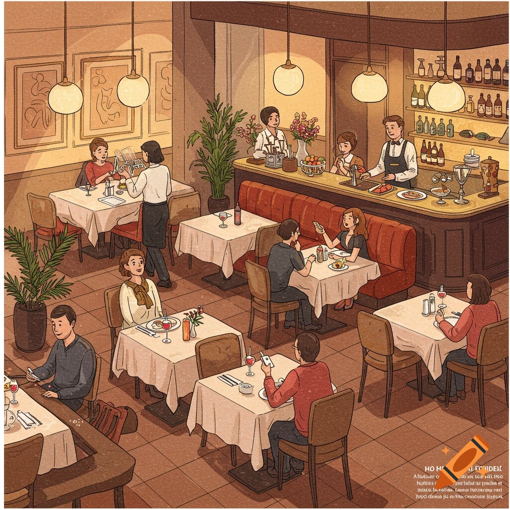An illustration of a restaurant scene with customers dining at tables and staff behind a bar.