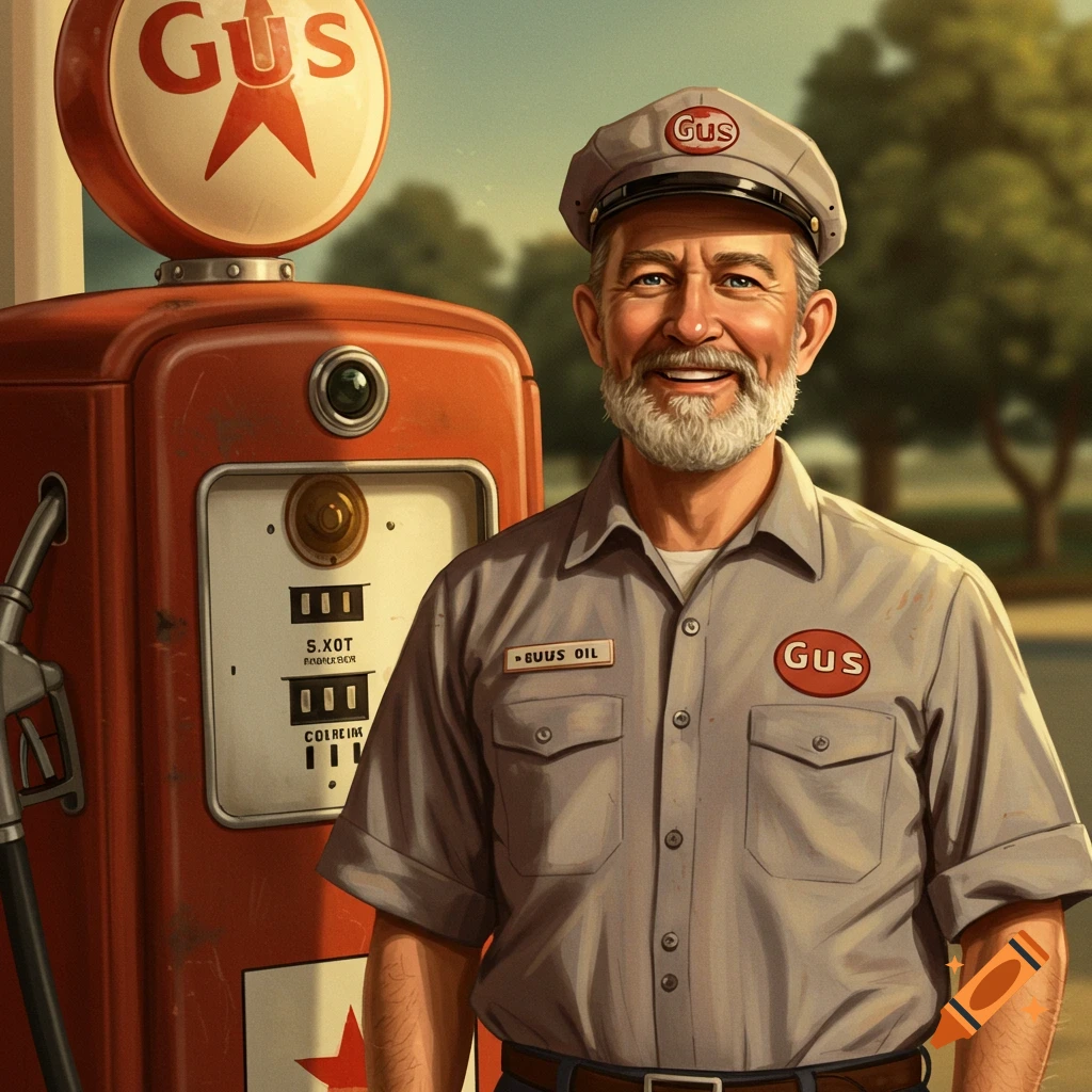 An older man in a uniform is smiling beside a vintage gas pump.