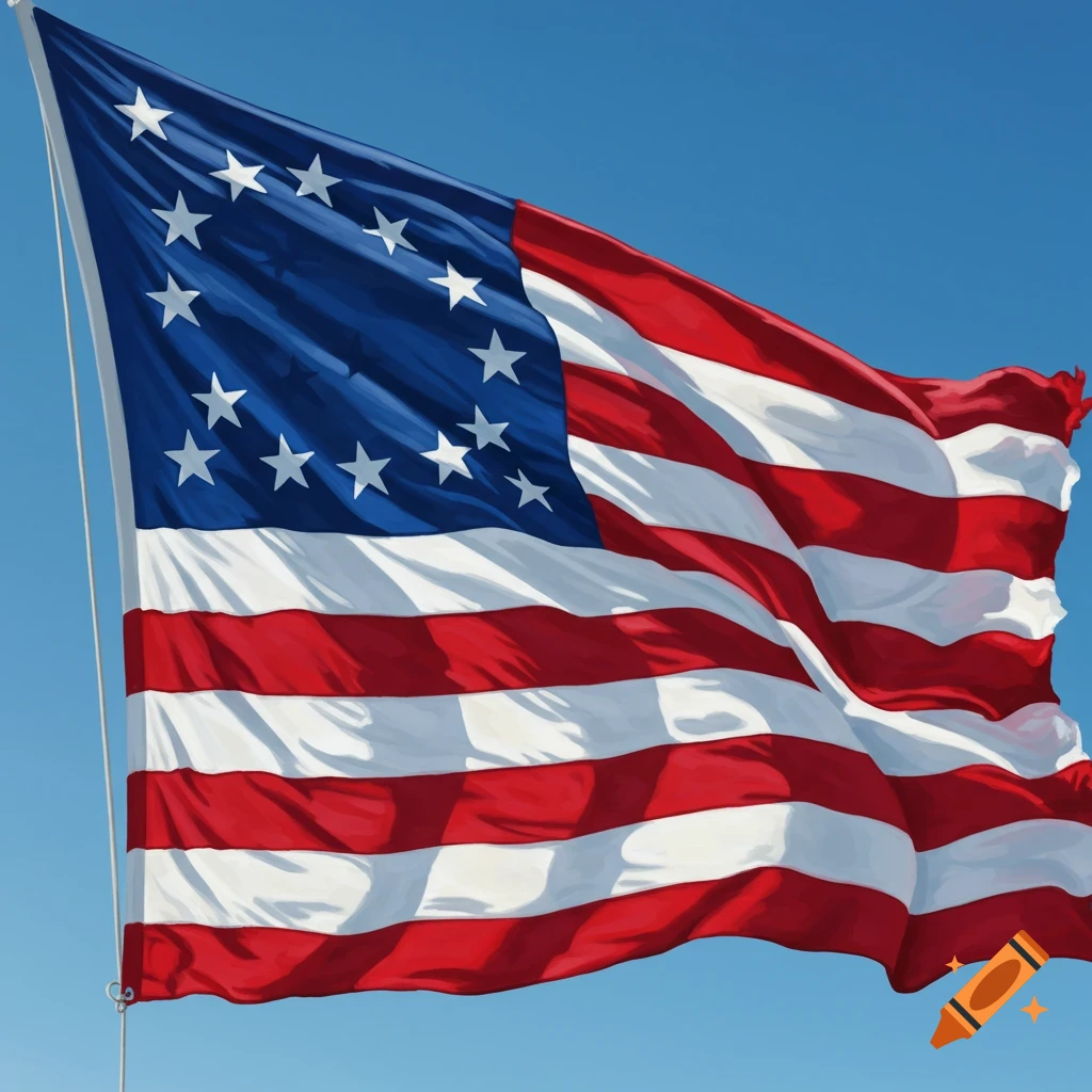 A waving Betsy Ross flag against a blue sky.