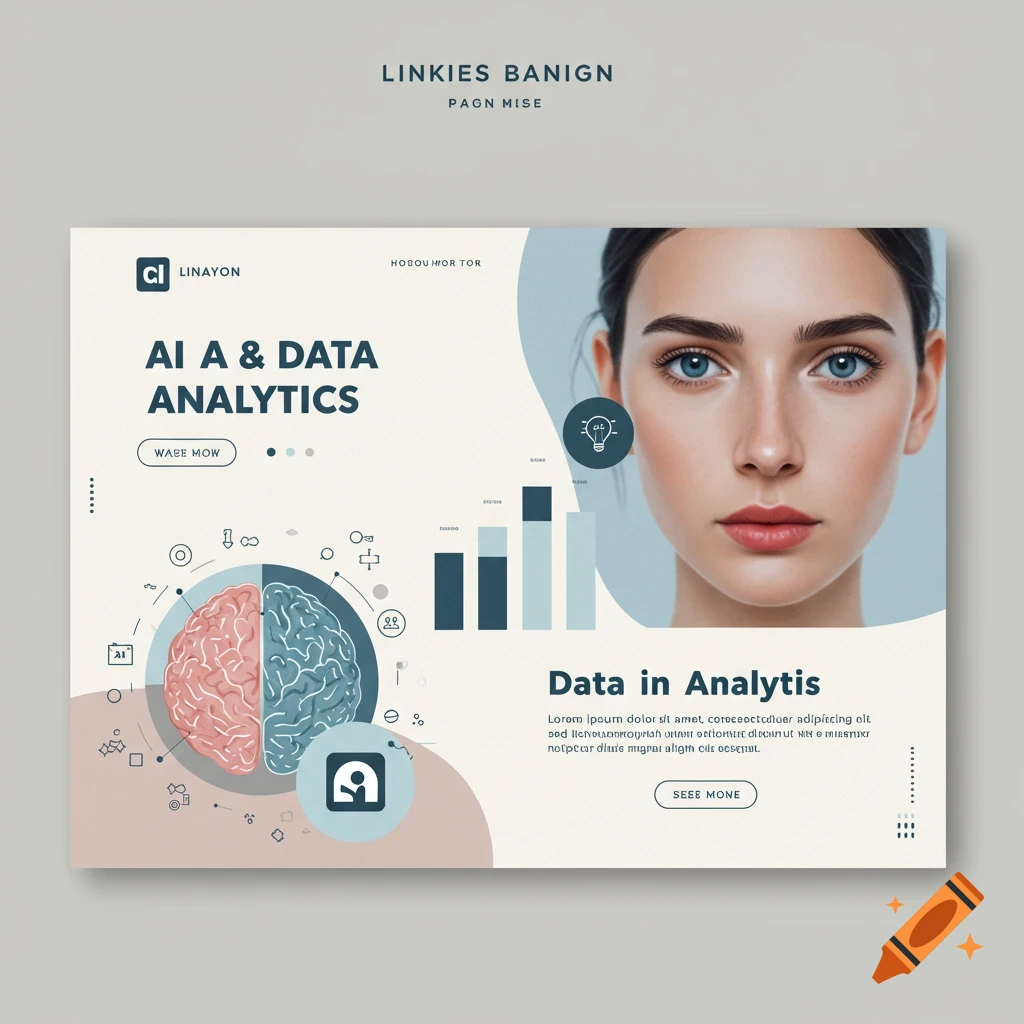 Graphic design banner for AI & Data Analytics with woman's face, brain, and charts