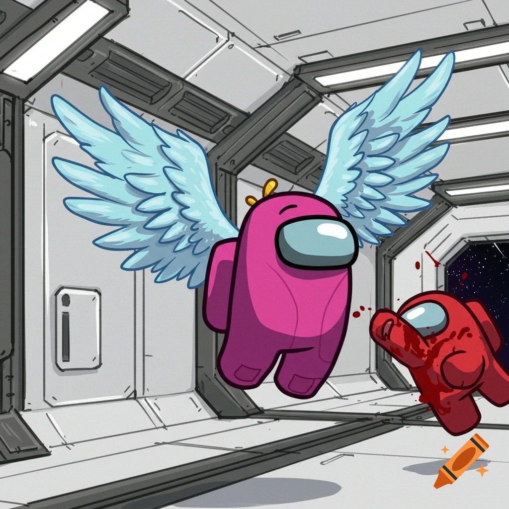Illustration of pink Among Us character with wings over defeated red character in spaceship