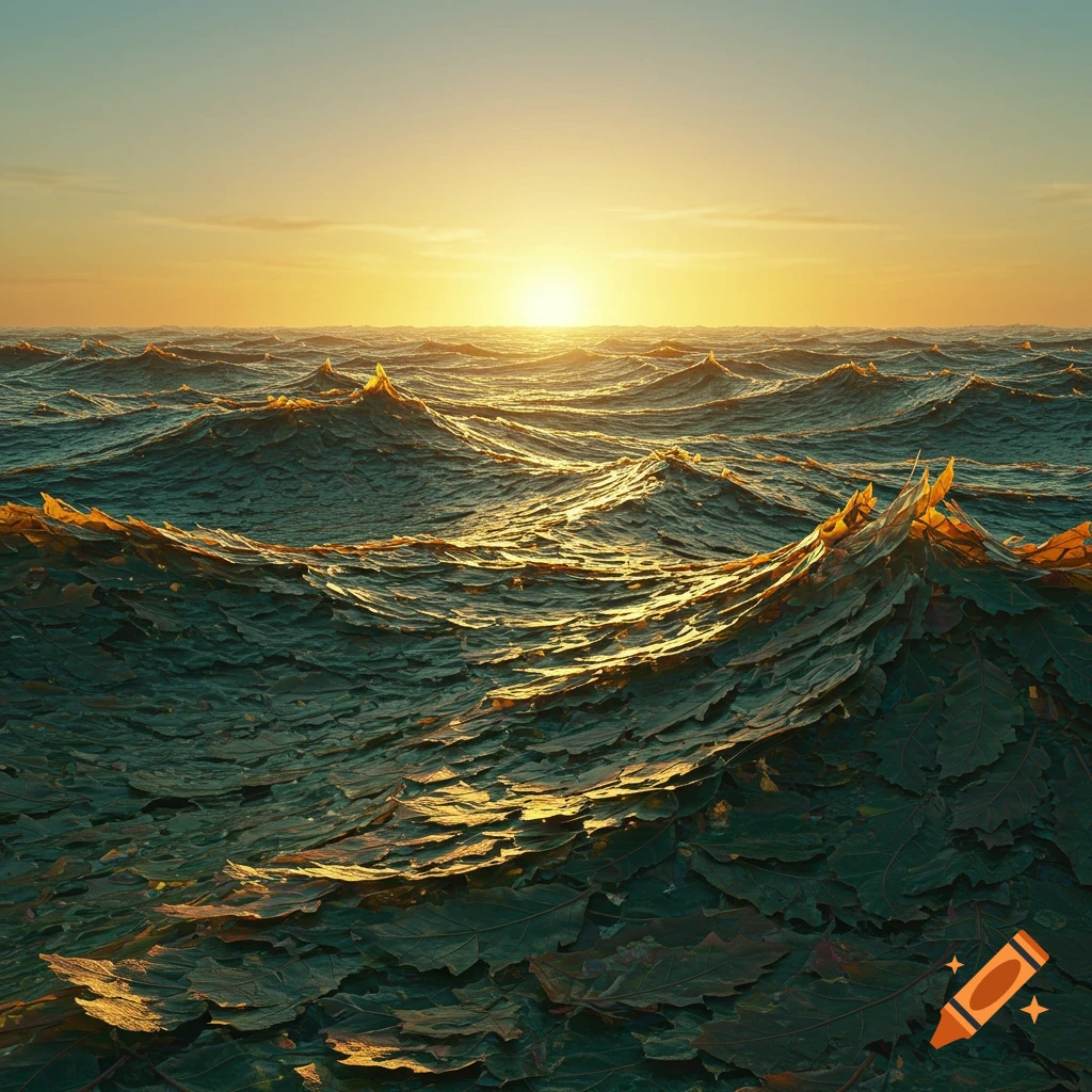 Ocean with waves made of green leaves under a sunset sky.