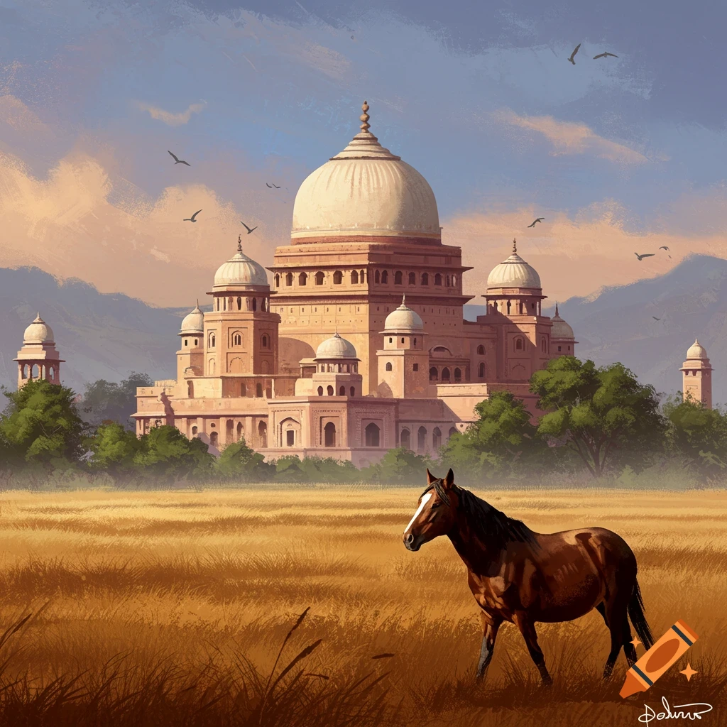 A brown horse stands in a golden field with a large, domed building in the background.