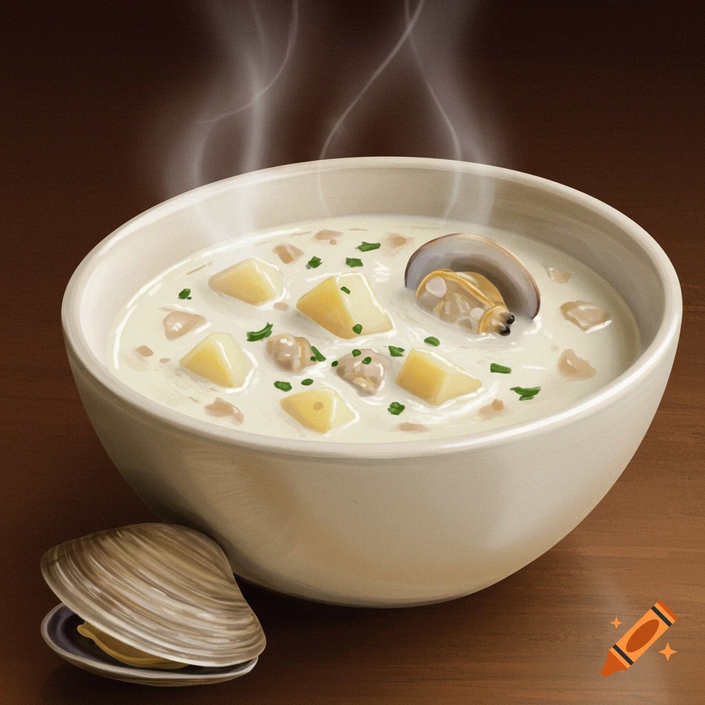 A steaming bowl of clam chowder with chunks of potato and clam, with an open clam shell beside it.