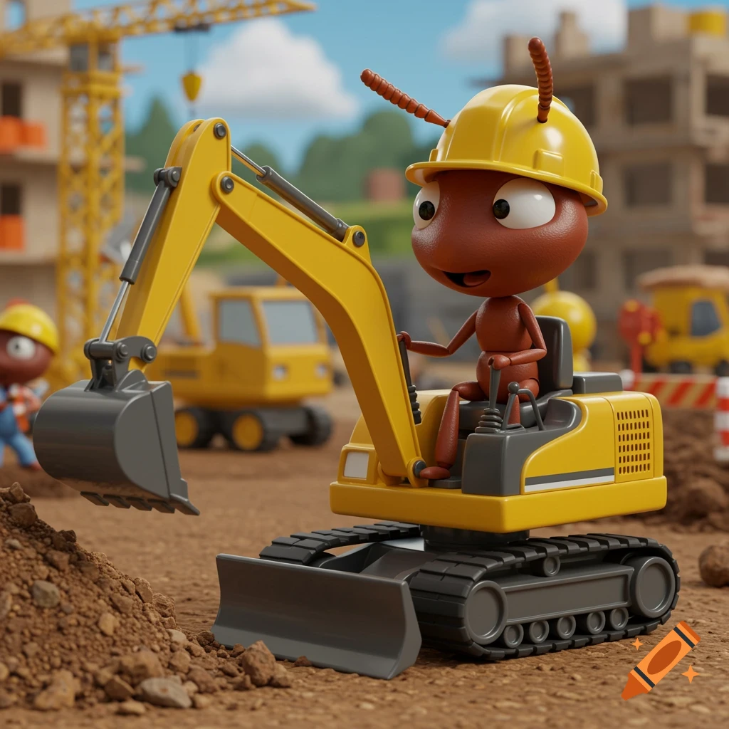 A whimsical cartoon ant in a hardhat drives a yellow miniature excavator at a construction site.