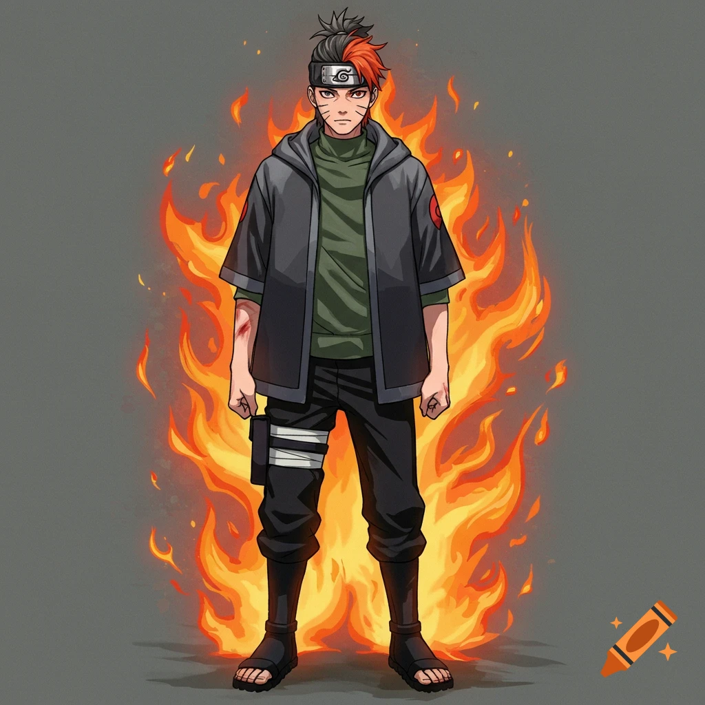 An anime-style male character resembling Naruto stands in flames. He wears a dark hooded jacket, green shirt, black pants, and sandals, with a headband.