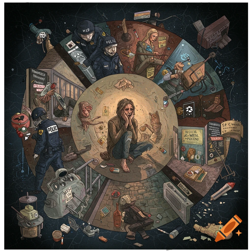 Illustrative graphic showing a central figure experiencing homelessness surrounded by scenes of policing, prison, and drug use, arranged in a cycle.