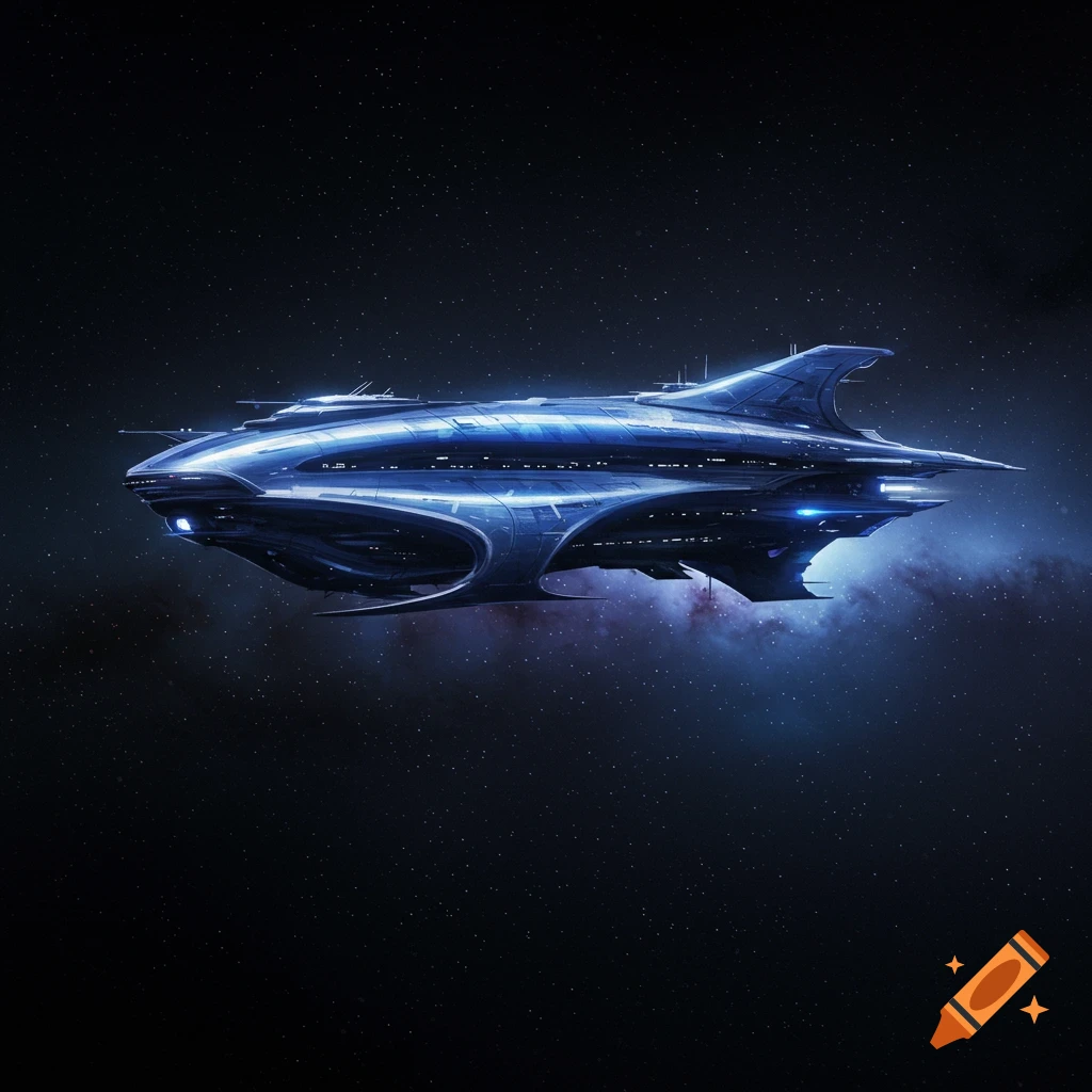 A blue futuristic spaceship floats in space against a backdrop of stars and a nebula.