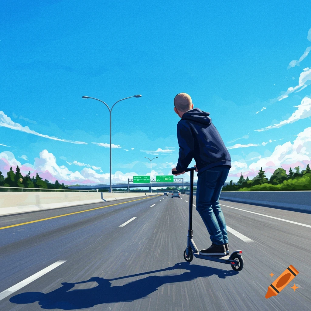 A person is riding a scooter down a highway.