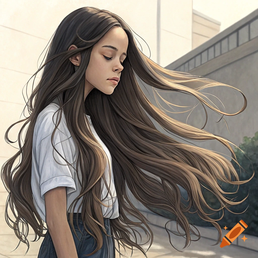 A stylized illustration of a woman with extremely long brown hair blowing in the wind.