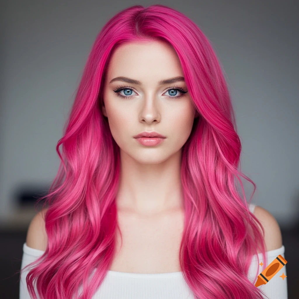 Close-up portrait of a woman with long pink hair and blue eyes.