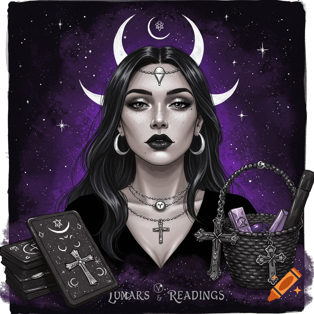 Illustration of a mystical woman with tarot cards, jewelry, and basket of crystals against a purple starry background.