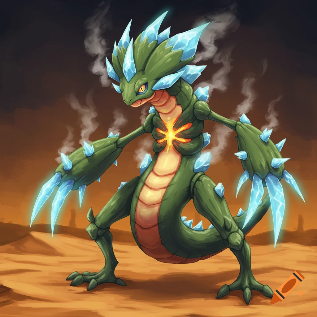 A green Pokemon creature with blue crystals and glowing chest in a desert landscape.