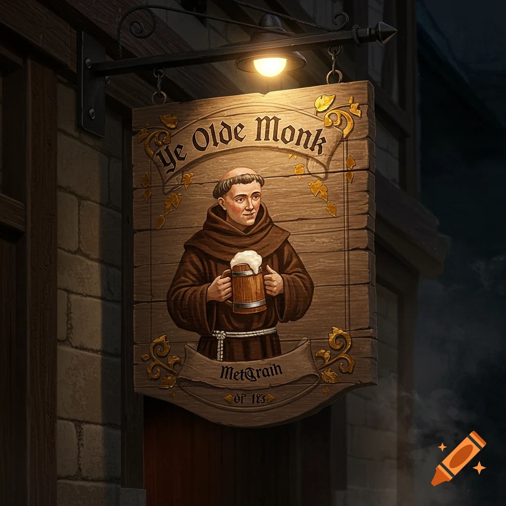 A medieval tavern sign features a monk holding a beer with the text 'Ye Olde Monk'.
