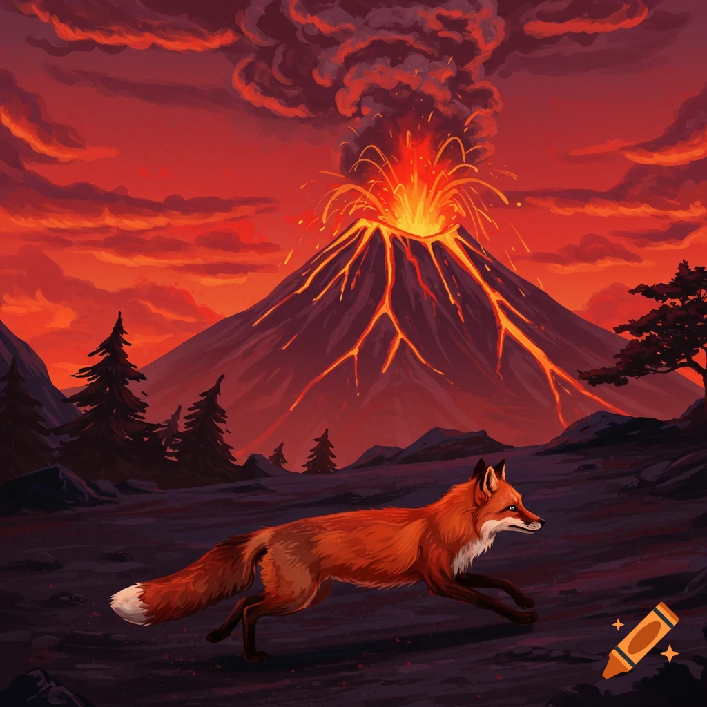 A red fox running from an erupting volcano under a fiery red sky.