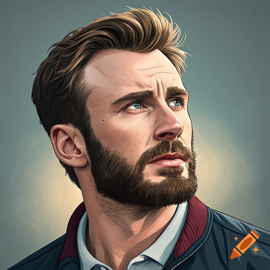 A stylized illustrative portrait of a man with brown hair and a beard looking up.