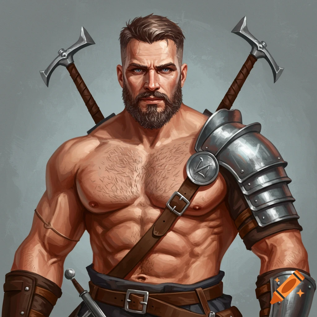 A muscular warrior with a beard, shoulder armor, and axes on his back.