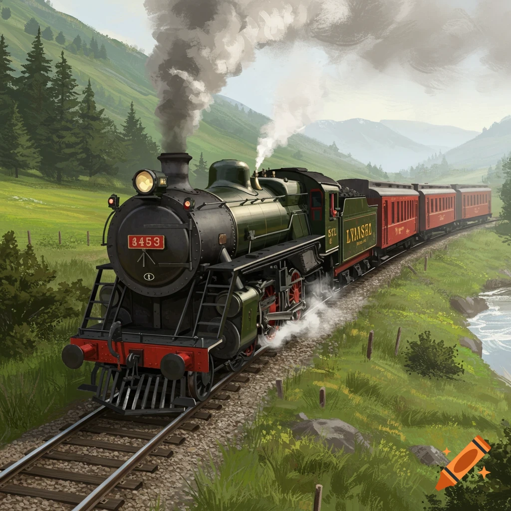 A green and red steam train pulls carriages through a green hilly landscape beside a river.