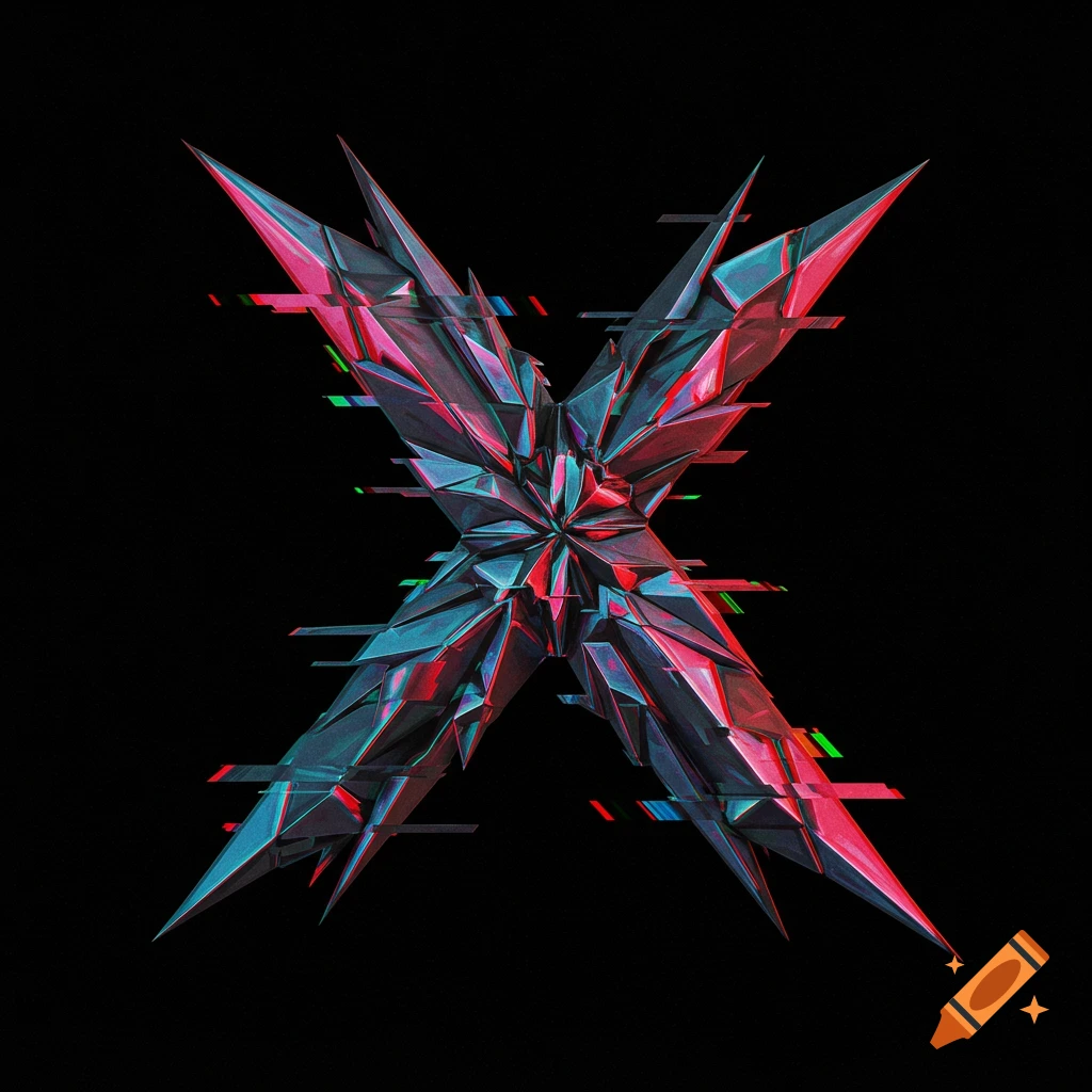 A stylized, sharp, geometric letter X with pink and blue colors and glitch effects on a black background.
