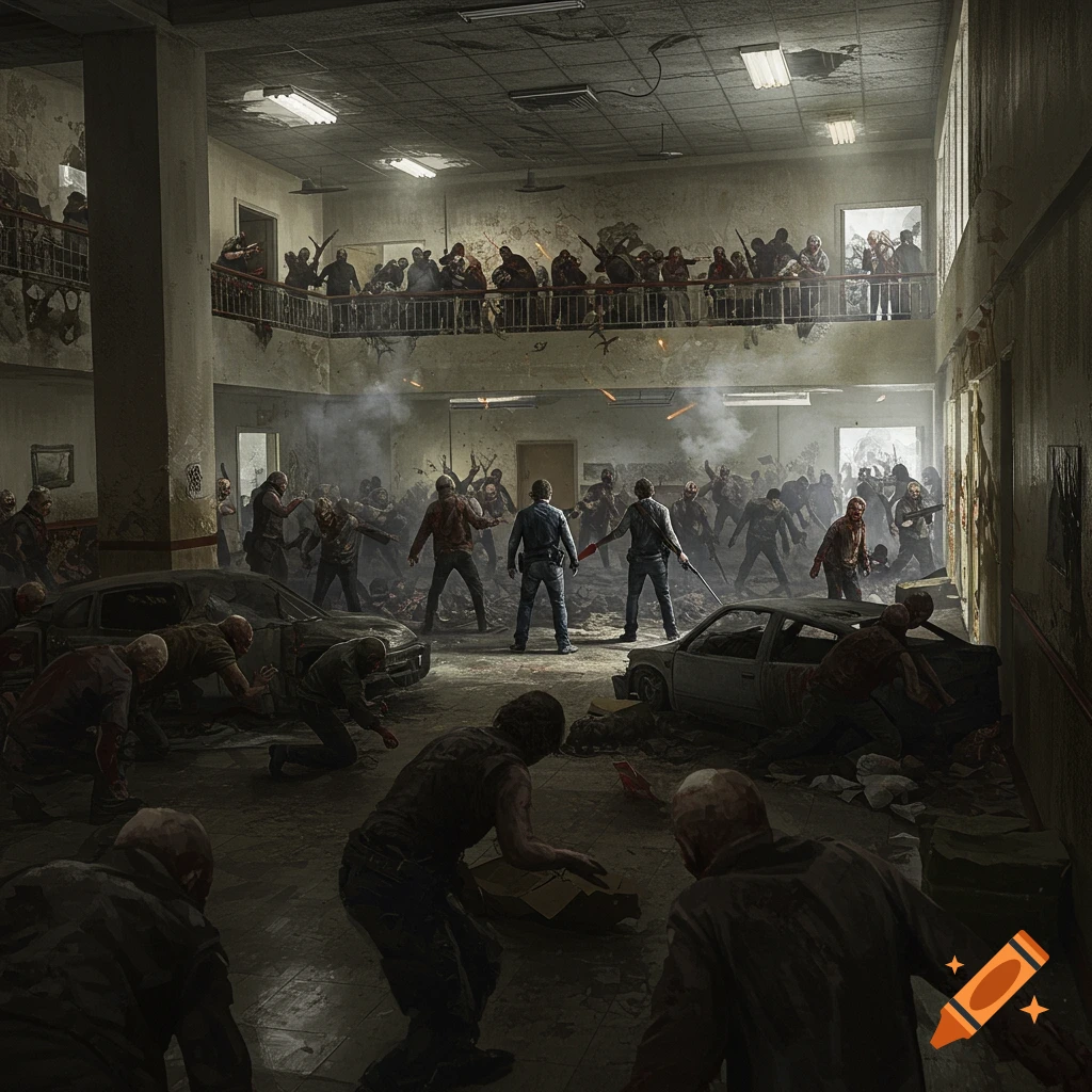 Survivors battling a horde of zombies in a ruined building.
