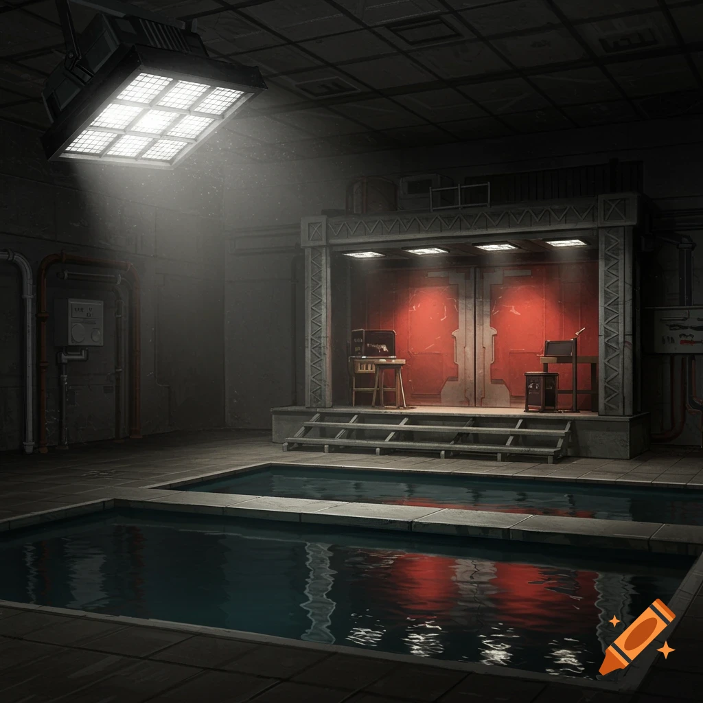 An industrial room with a stage, red doors, floodlight, and reflection pool.
