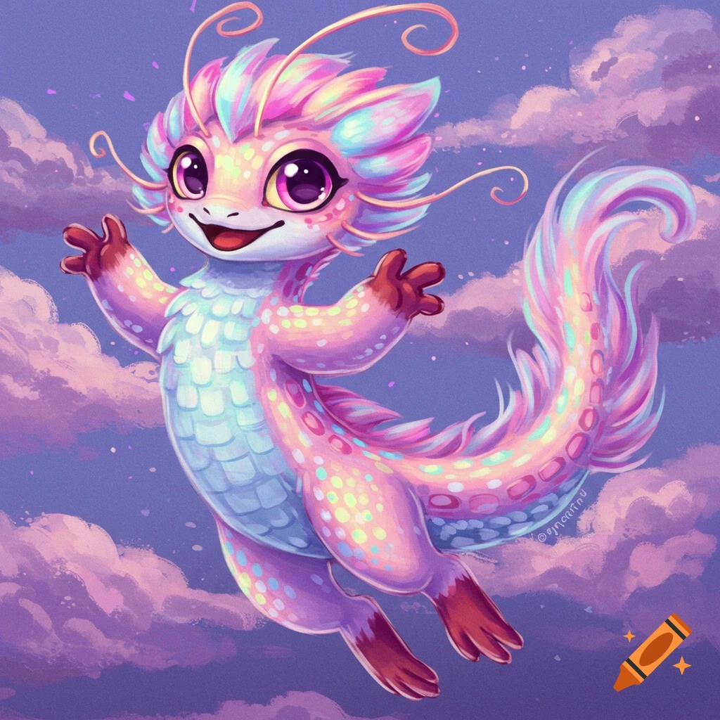 A cute iridescent fantasy creature flies among pink clouds.