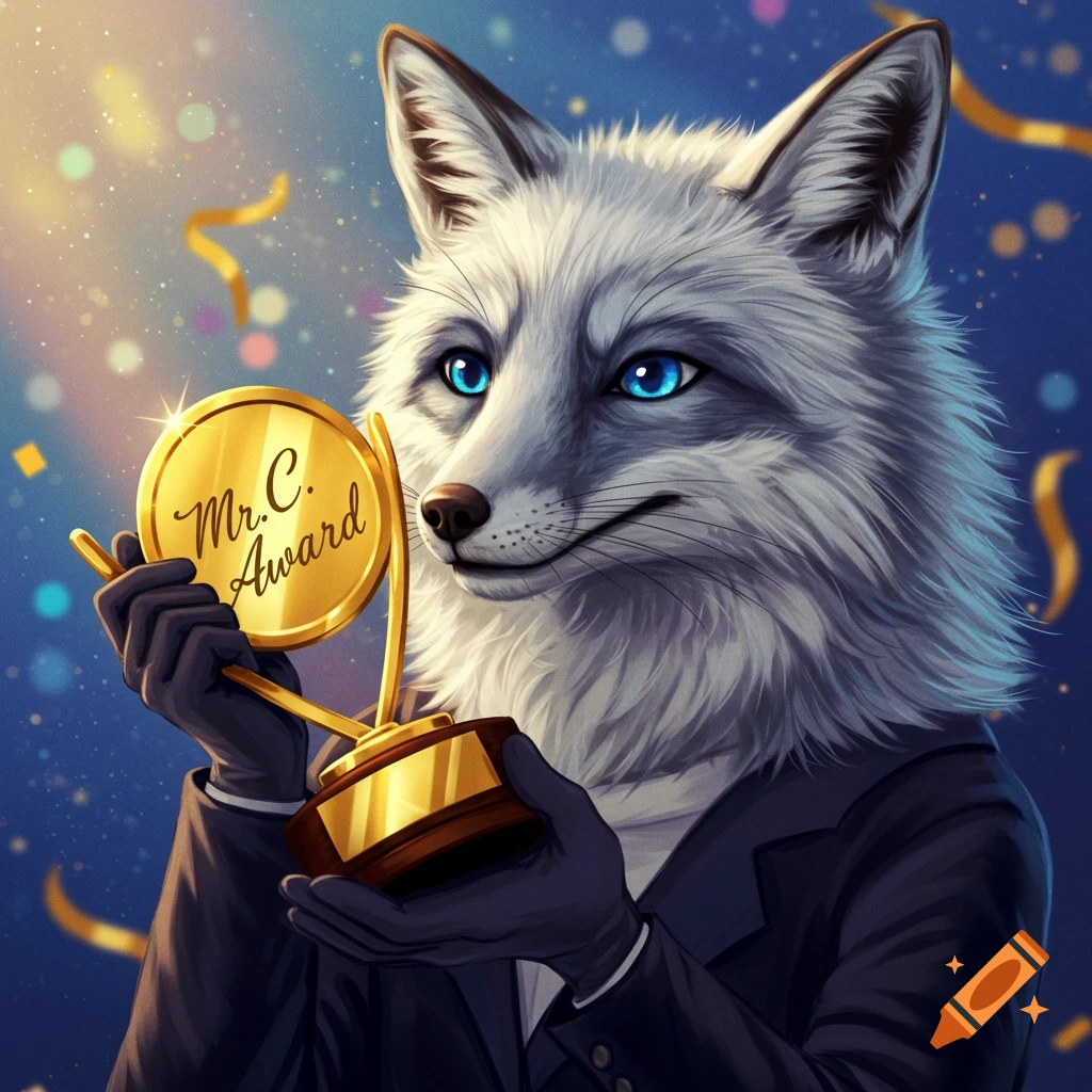 A silver fox in a suit is holding a golden award labeled 'Mr. C. Award'.