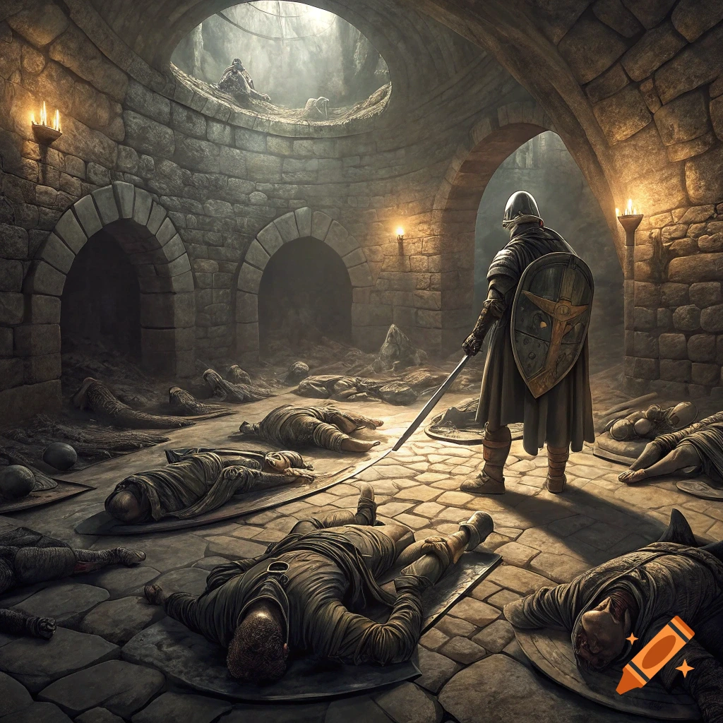 A knight stands over fallen figures in a large stone dungeon lit by torches and a skylight.
