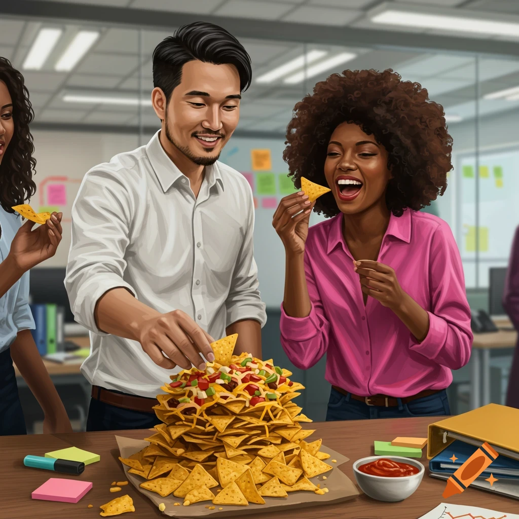 Office workers gather around a large pile of nachos, eating and smiling.